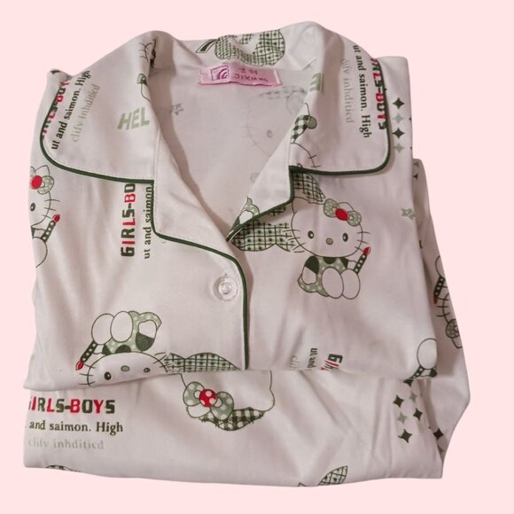 Hello Kitty Printed Pajama Set For Women Button-Up Top & Elastic Waist Pants Siz - Picture 13 of 15